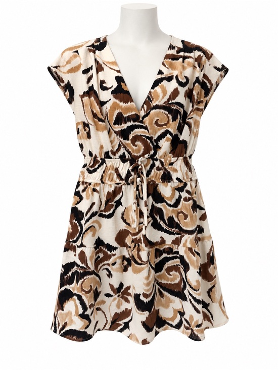 Chetta B Dresses & Skirts - Chetta B Brown and Cream Floral V-Neck Drawstring Tunic